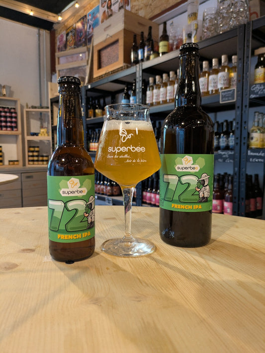 Bière Superbee 72 : bouteilles 33 cl et 75 cl avec verre de bière