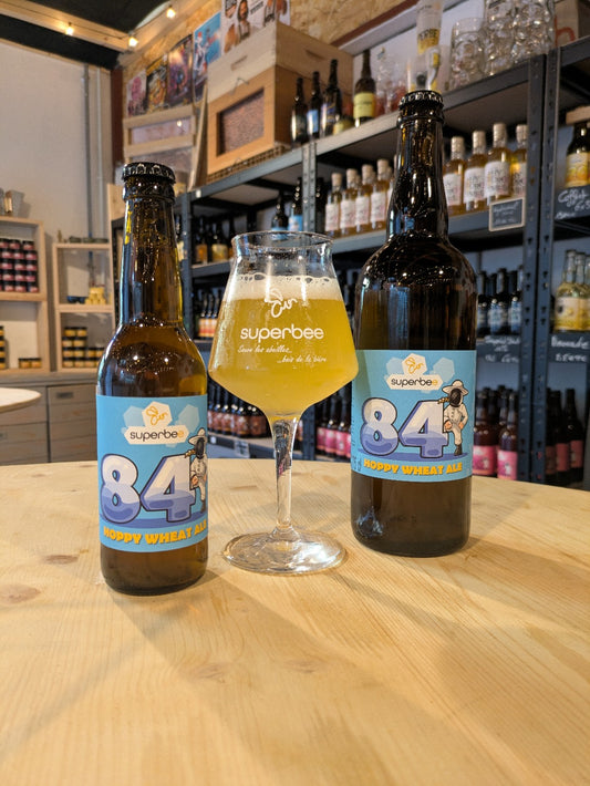 Bière Superbee 84 : bouteilles 33 cl et 75 cl avec verre de bière