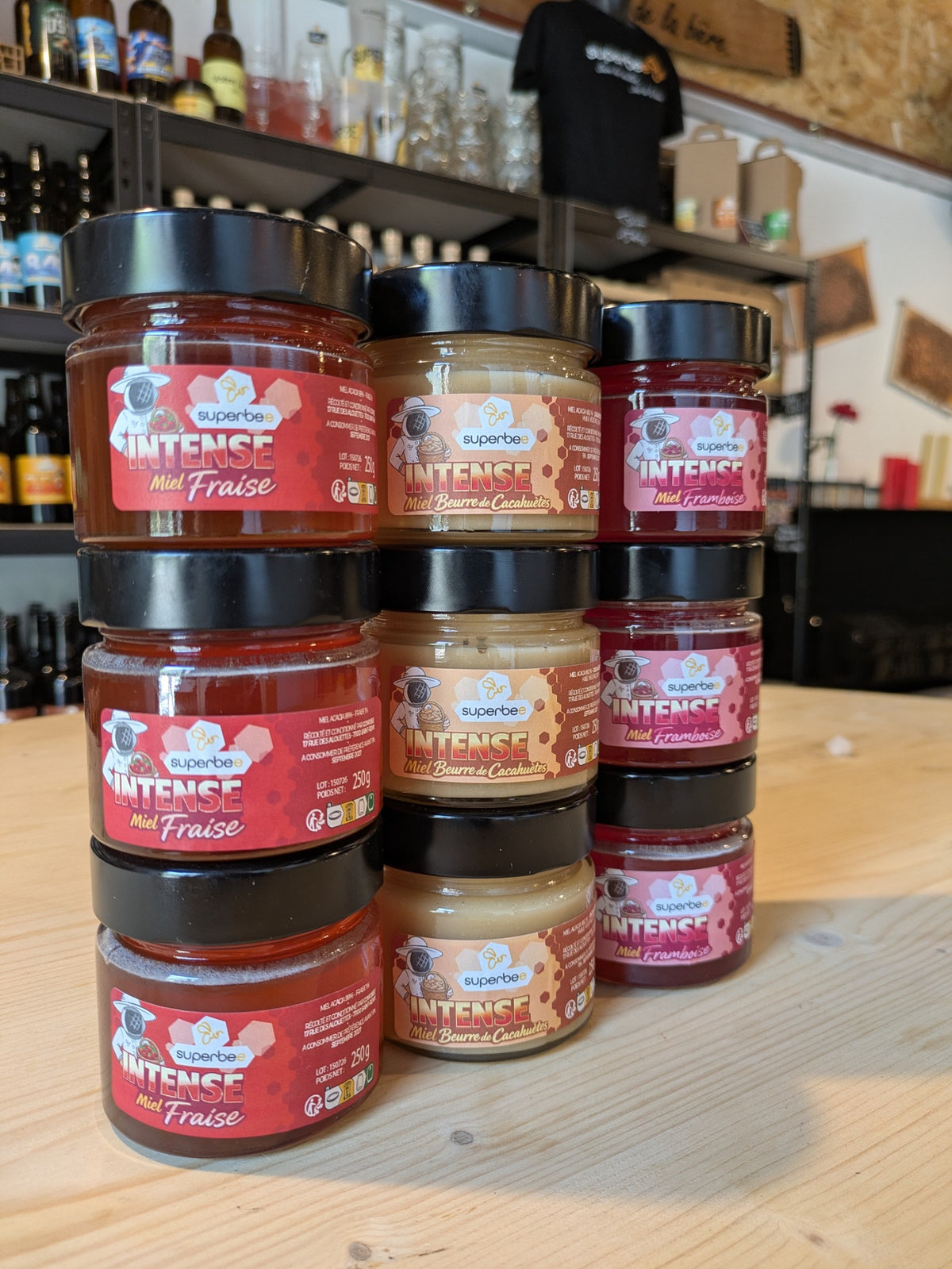 Gamme Intense Superbee — miel beurre de cacahuètes, miel fraise et miel framboise — pots de 250 g